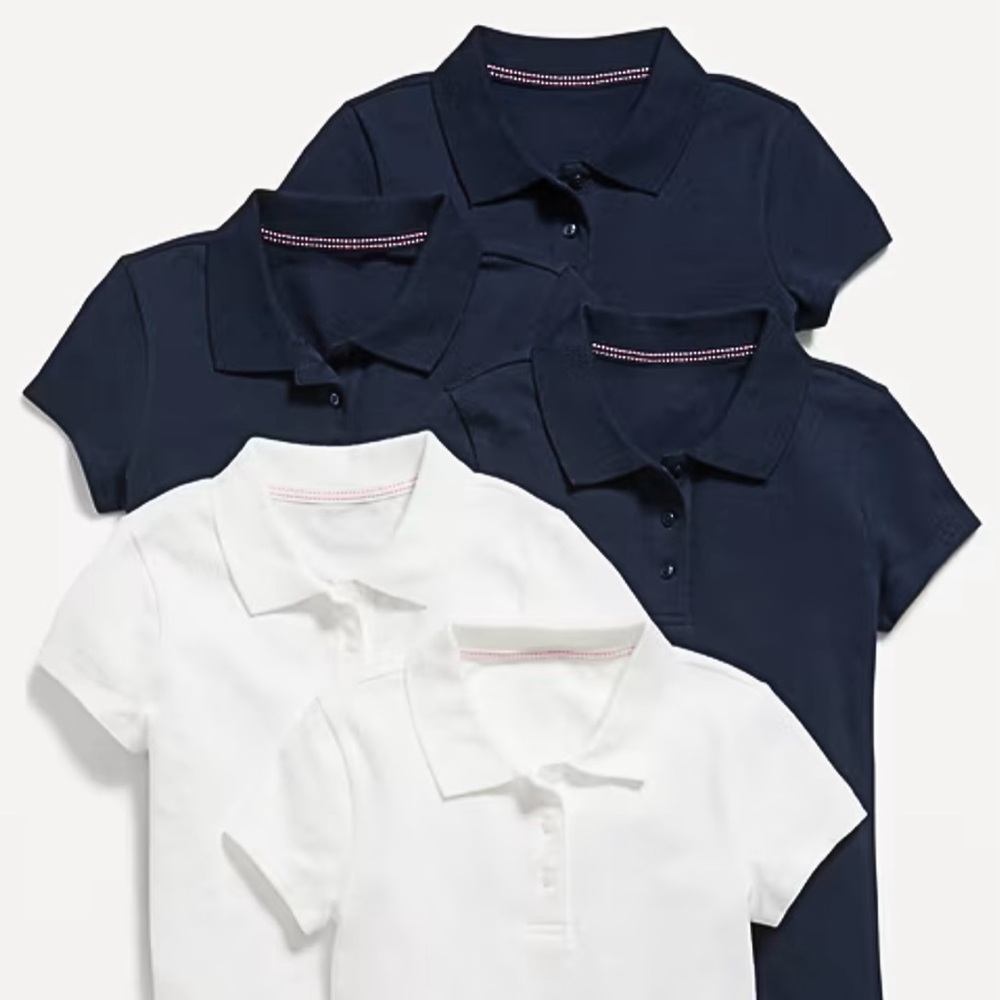 Uniform Pique Polo Shirt 5 Pack for Girls Navy & White Cap Short Sleeve Size M